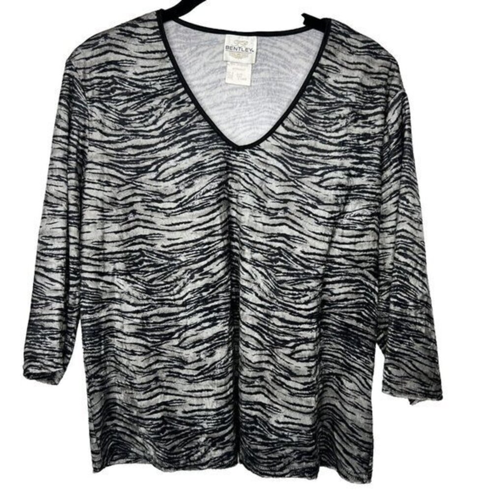 Vintage JR Bentley Shirt XL Black Gray Striped V Neck 3/4 Sleeves